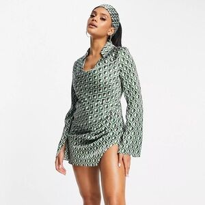 ASOS DESIGN collared cowl neck mini dress in geo print with matching headscarf